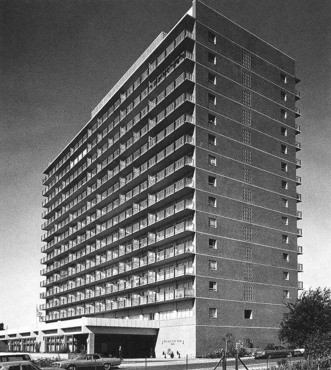 Black and white photo of the Holladay Park Plaza Portland