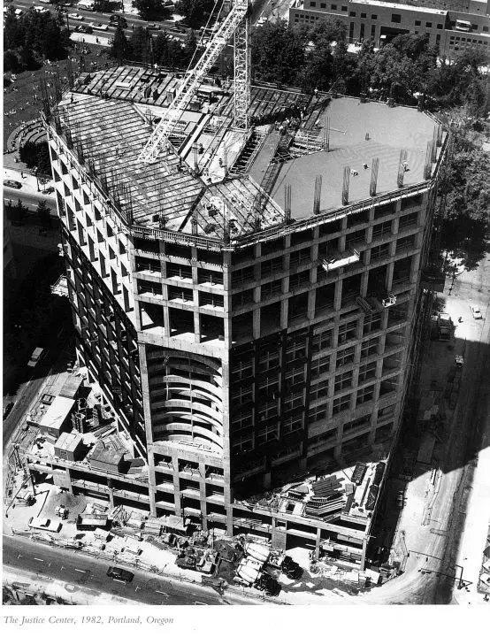 Black and white overhead view of The Justice Center