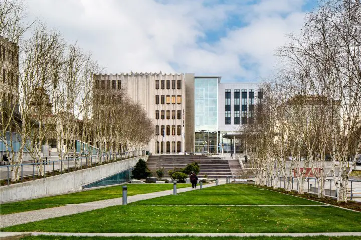 Modern building with glass facade and geometric design, surrounded by bare trees and green lawn under cloudy sky.
