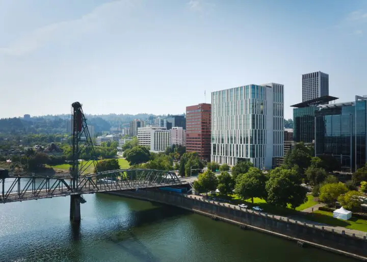 Skyline of a city with modern glass buildings, a bridge, and a river surrounded by greenery under a clear blue sky.