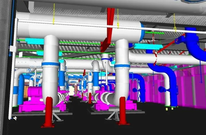 Colorful industrial piping network in a facility, showcasing complex engineering and modern infrastructure design.