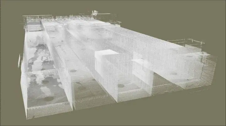 3D architectural layout of an industrial building with detailed structural features, captured in a wireframe style.