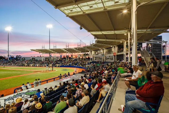 A vibrant baseball game at sunset, packed stadium, enthusiastic fans in the stands, and players poised on the field.