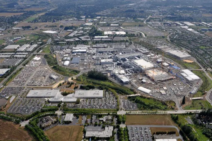 Aerial view of a large industrial complex surrounded by parking lots, roads, and greenery in a suburban landscape.