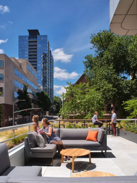 Urban terrace with people relaxing on modern patio furniture, cityscape and trees in background under clear blue skies.
