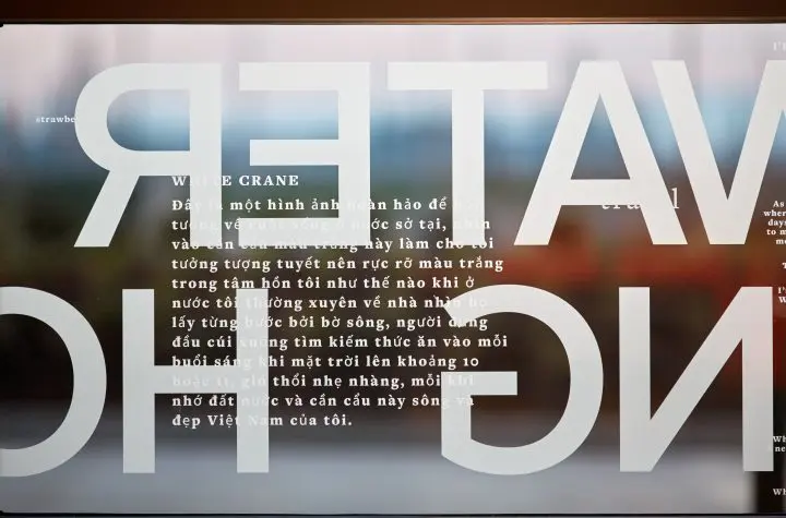 Frosted glass with bold text overlay and Vietnamese script in the background, emphasizing travel and reflection themes.