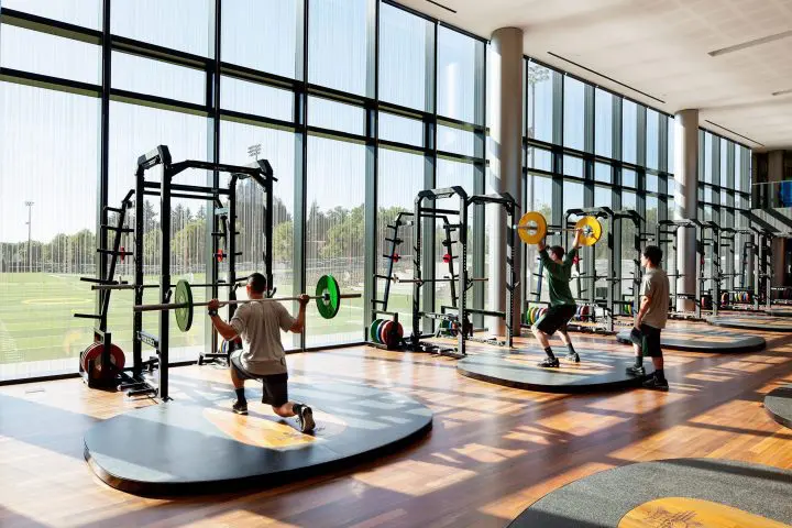 Modern gym with large windows, people lifting weights and performing squats on platforms, sunny view of outdoor field.