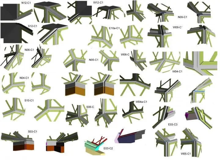 Array of 3D architectural joint models showcasing various design configurations, labeled with codes.