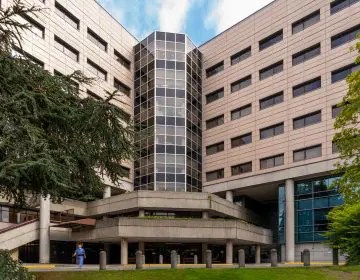 Modern multi-story building with geometric design and glass accents surrounded by trees, a person walking by the entrance.