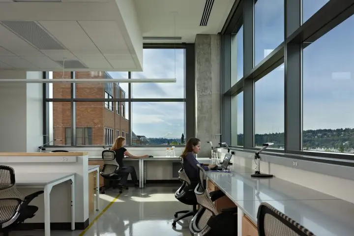 Spacious office with individuals working at desks, large windows providing natural light and a view of the cityscape and mountains.