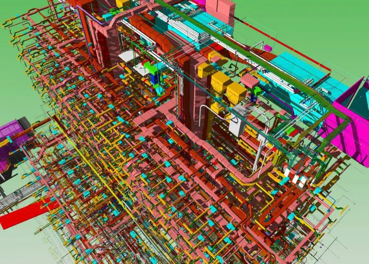 Colorful 3D model of complex industrial piping and HVAC systems on a gradient green background.