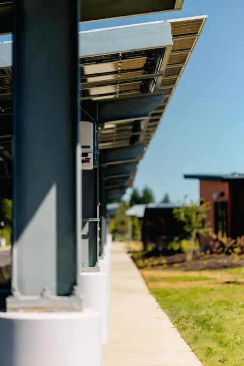 Modern building with solar panels and a pathway, surrounded by greenery. Sustainable architecture in a sunny landscape.