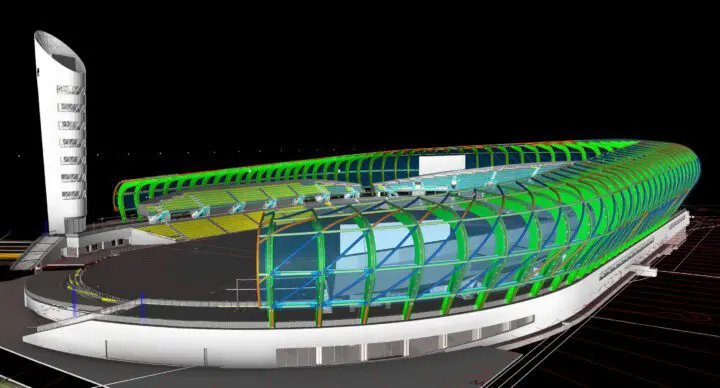 Futuristic stadium design with vibrant green and blue glass elements and a tower, set against a dark background.