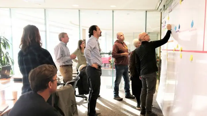 A diverse group collaborates on a project, using sticky notes on a large board in a bright office setting.