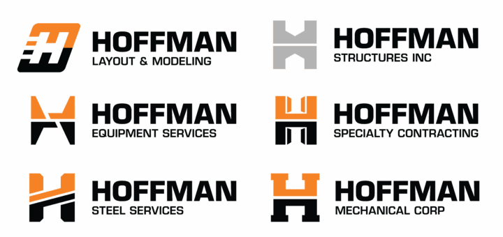 Logos for Hoffman, showcasing divisions like Layout, Structures, Equipment, Specialty Contracting, Steel, and Mechanical Corp.