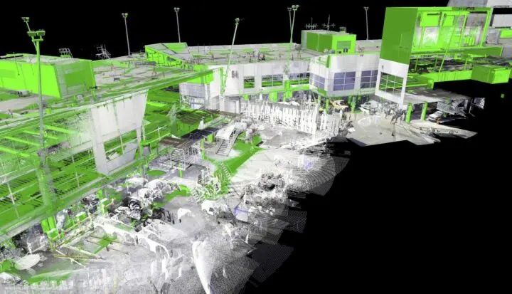 3D point cloud model of a large industrial facility, featuring detailed structures and equipment in green and white tones.